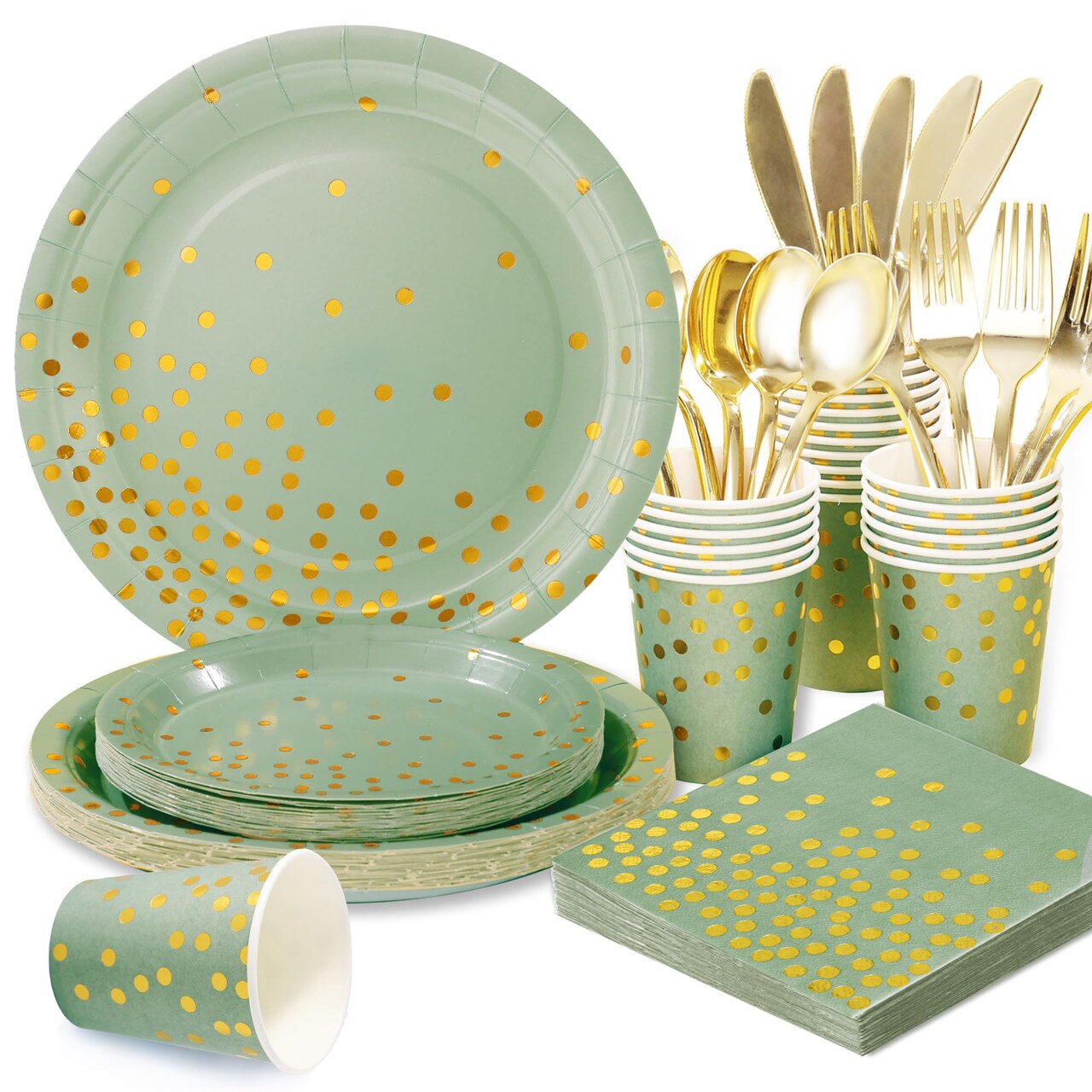 175 Pcs Sage Green Plates and Napkins Party Supplies - Sage Green Paper Plates Serve 25 Guests - Sage Green and Gold Disposable Plates Sets for Holiday Wedding Birthday Party Decoration